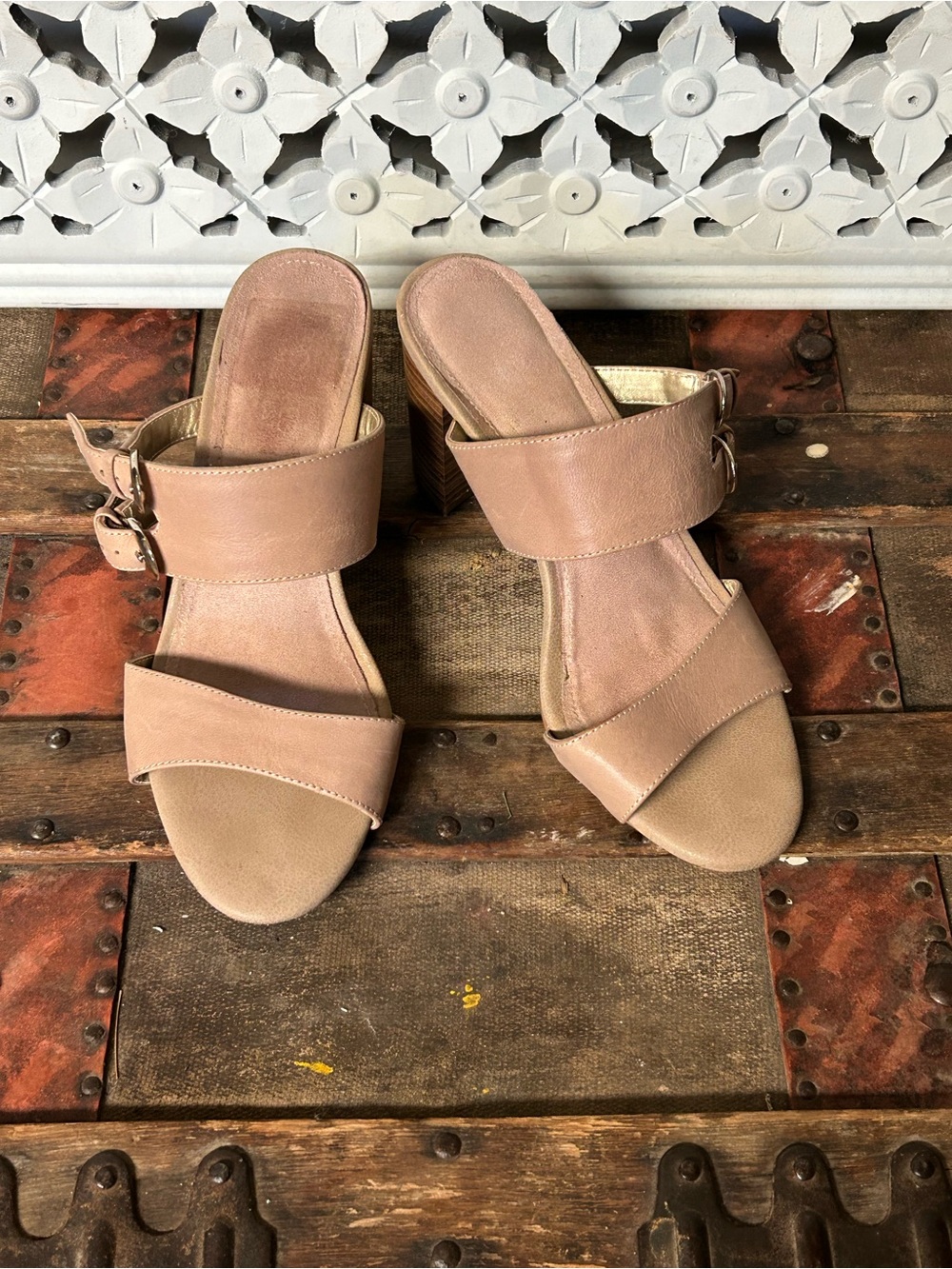 Aerosoles Tan Double Strap Slide Sandals Leather Block Heel Mule Women 8.5